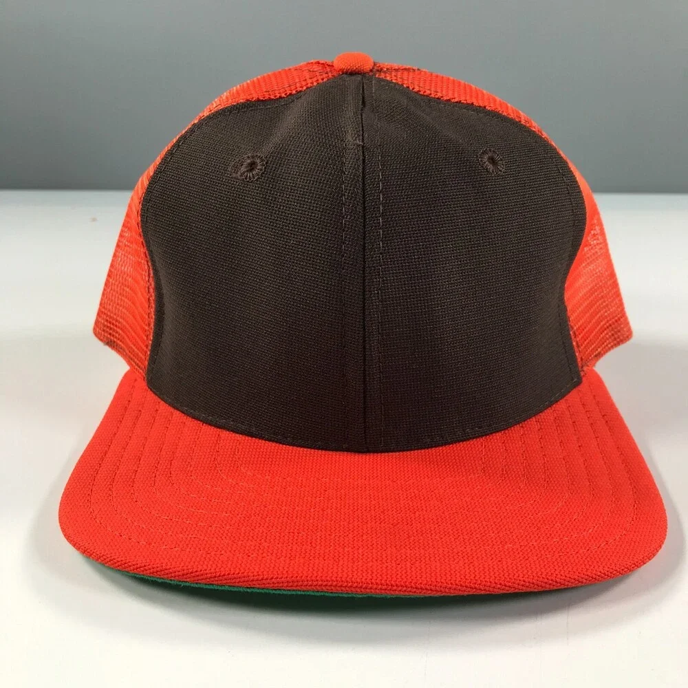 Vintage New Era Trucker Hat Boys Youth Size Orange Brim Brown Front Mesh Back